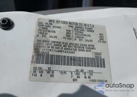 1998 Ford Ranger Splash/Xl/Xlt z USA, uszkodzony, nr VIN 1FTYR11U4WTA55607